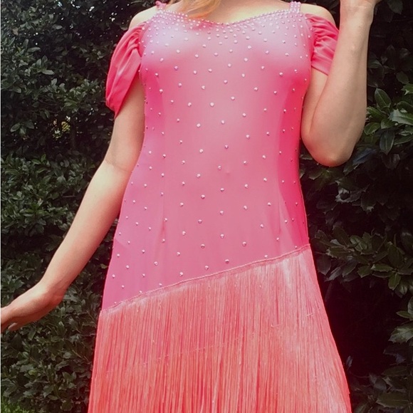 Hot Pink Contemporary Dance Costume with Fringe and Rhinestones - Picture 4 of 5